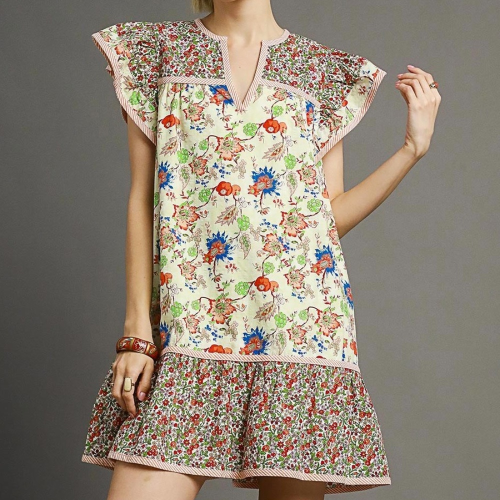 Umgee Floral Mini Dress - Cream, Red, Blue, Green